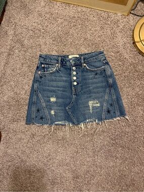 We The Free Distressed Denim Mini Skirt with Star Graphic Accents